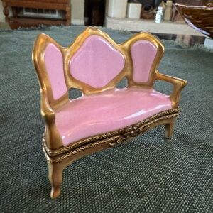 Limoges Miniature Pink and Gold Settee Trinket Box